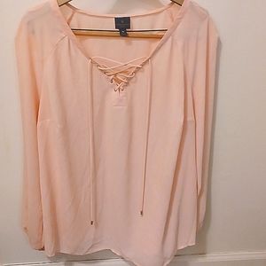 Womens Worthington light pink long sleeve lace up blouse